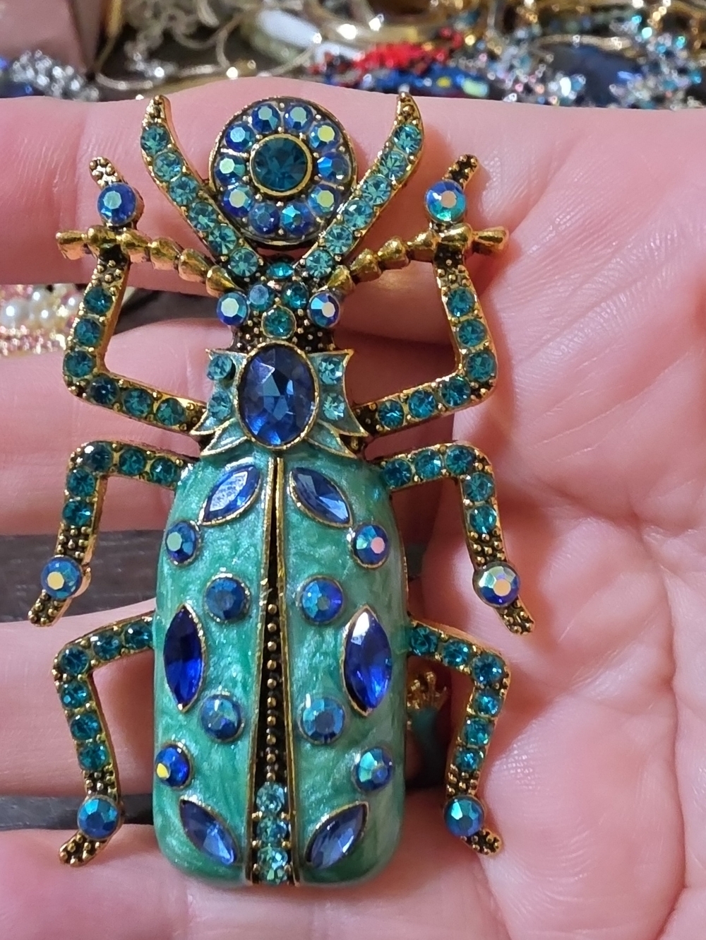 A109- Amazing Teal and Blue Crystal Beetle Brooch